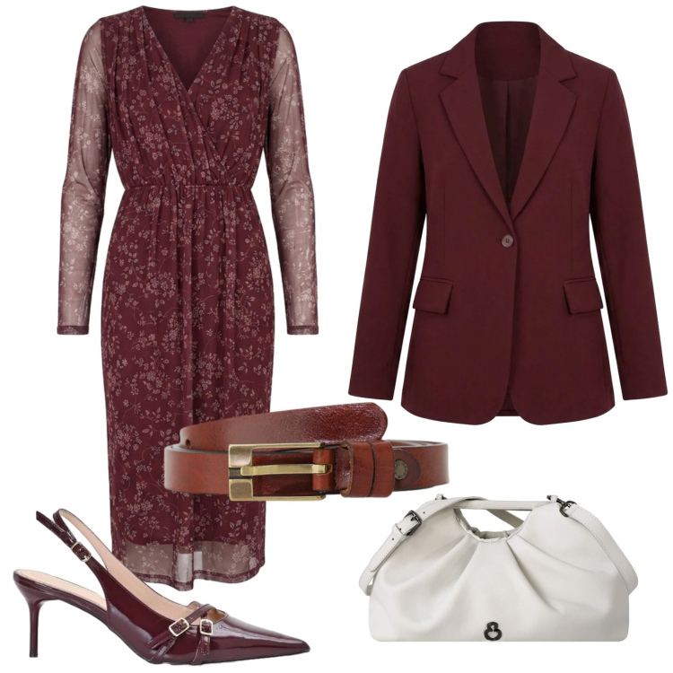 Outfit donna - Aperitivo di Settembre. Stile Basic per Tutti i giorni. Abbinamento con cinture, décolleté, clutch, blazer, vestiti midi/longuette.
