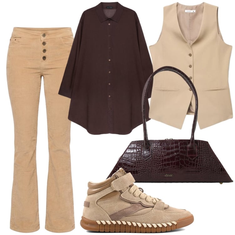 Outfit donna - Chic Urban Layering. Stile Casual per Scuola/Università. Abbinamento con borse a spalla, gilet, camicie, pantaloni, sneakers.
