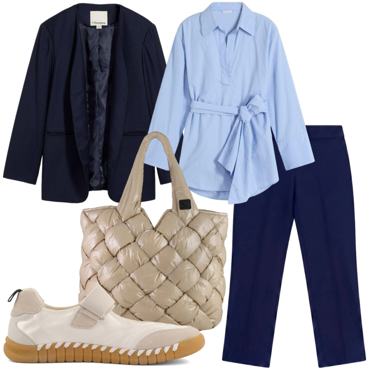 Outfit donna - Business chic. Stile Bon Ton per Ufficio. Abbinamento con camicie, blazer, pantaloni, borse tote, ballerine.
