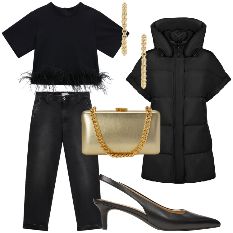 Outfit donna - Aperitivo night. Stile Casual per Serata fuori. Abbinamento con t-shirt, jeans, parka, décolleté, clutch, orecchini.