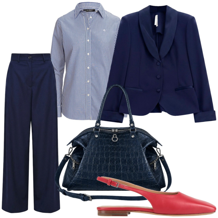 Outfit donna - Blu professionale. Stile Glamour per Ufficio. Abbinamento con ballerine, blazer, pantaloni a palazzo, shopping bag, camicie.