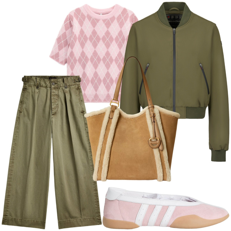 Outfit donna - Pantaloni verde olio. Stile Casual per Scuola/Università. Abbinamento con ballerine, maglieria, bomber, pantaloni, borse tote.