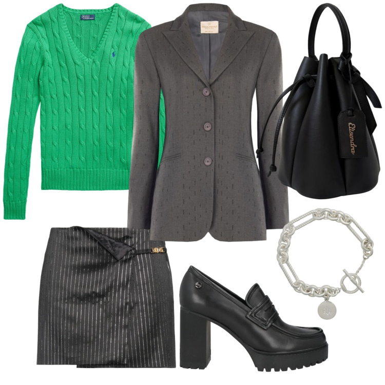 Outfit donna - Touch green. Stile Casual per Scuola/Università. Abbinamento con minigonne, mocassini, blazer, borse a secchiello, braccialetti, maglieria.