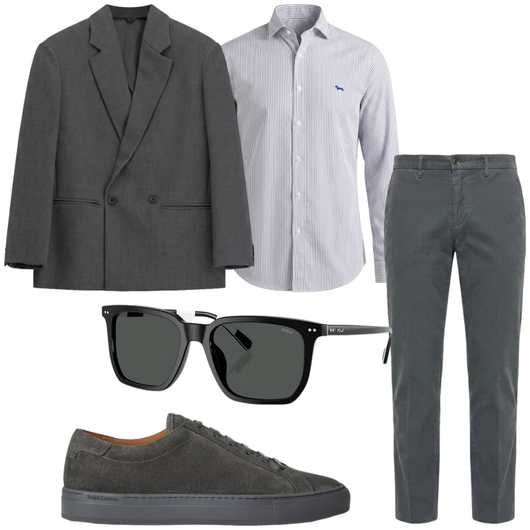 Outfit uomo - Grigio business. Stile Casual per Tutti i giorni. Abbinamento con camicie, pantaloni, giacche, occhiali da sole, sneakers.