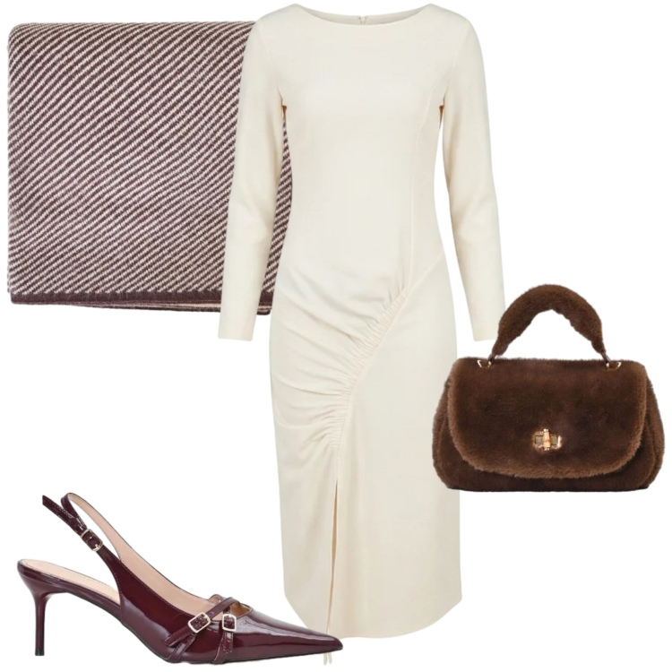 Outfit donna - Rinascimento FW 26. Stile Chic per Serata fuori. Abbinamento con vestiti midi/longuette, borse a mano, décolleté, sciarpe.