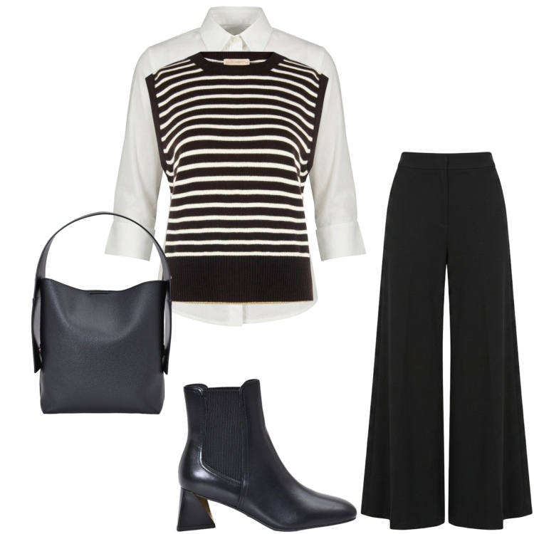 Outfit donna - Rinascimento FW26. Stile Casual chic per Ufficio. Abbinamento con borse a spalla, stivaletti, camicie, maglieria, pantaloni.