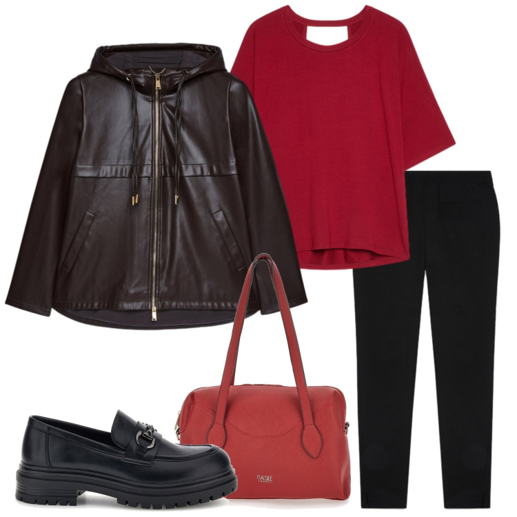 Outfit donna - Finalmente un po\' di pioggia. Stile Casual chic per Tutti i giorni. Abbinamento con blazer, t-shirt, pantaloni skinny, mocassini, borse a spalla.
