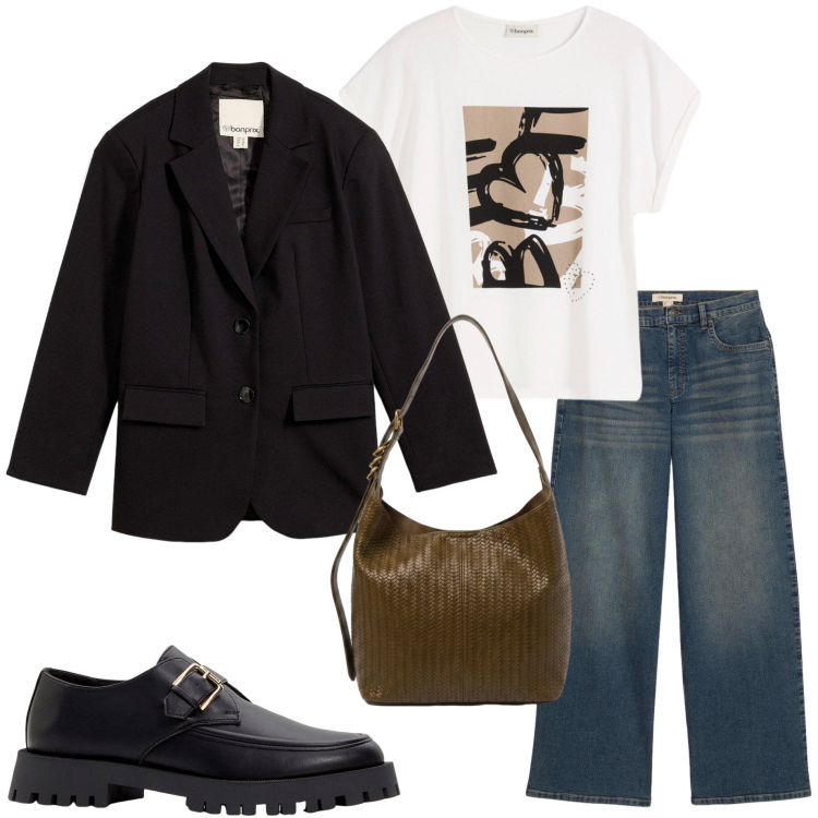 Outfit donna - Casual style. Stile Casual per Tutti i giorni. Abbinamento con maglieria, jeans, mocassini, blazer, borse a spalla.