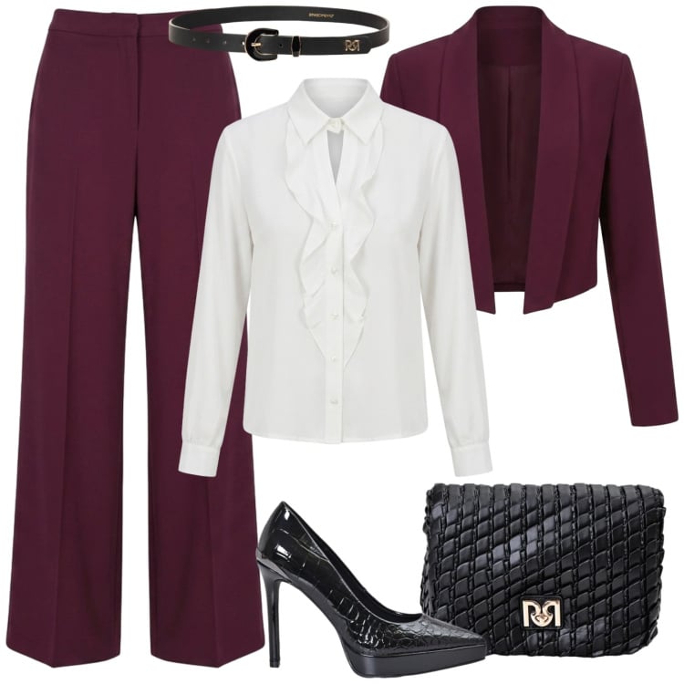 Outfit donna - Il tailleur pantalone e la camicia. Stile Chic per Serata fuori. Abbinamento con borse a tracolla, cinture, décolleté, blazer, pantaloni a palazzo, camicie.