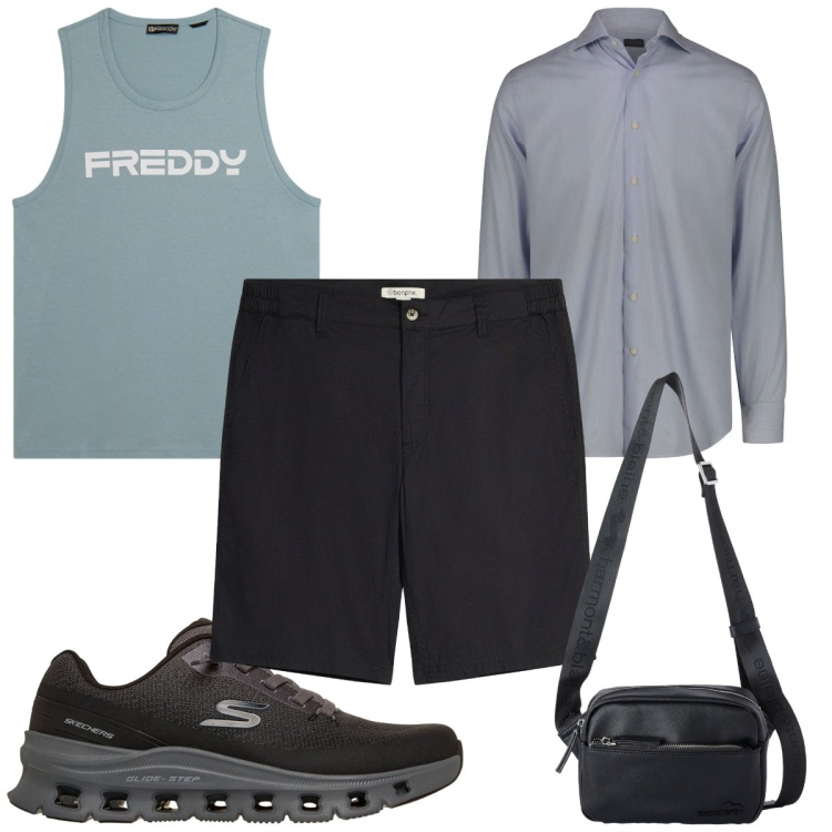 Outfit uomo - Total look #2468219. Stile Casual per Tutti i giorni. Abbinamento con bermuda, borse sportive, camicie, canottiere, sneakers.