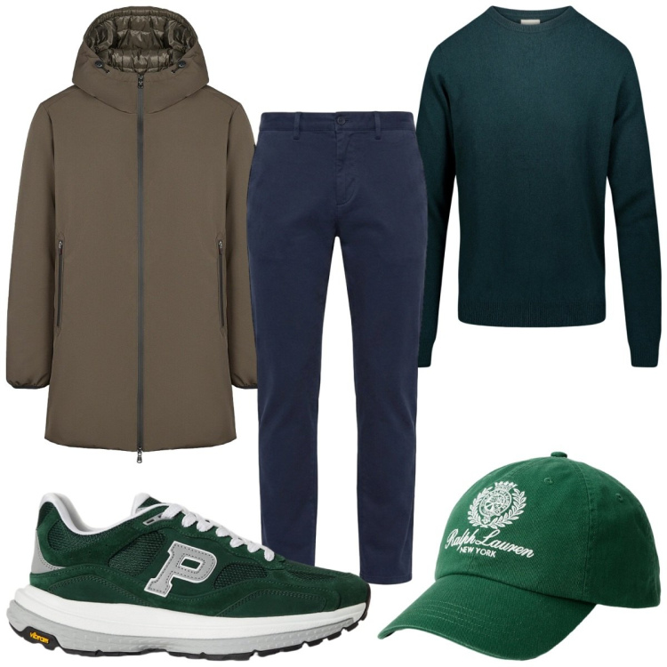 Outfit uomo - Total look #2468220. Stile Casual per Tutti i giorni. Abbinamento con pantaloni, maglieria, parka, cappelli con visiera, sneakers.