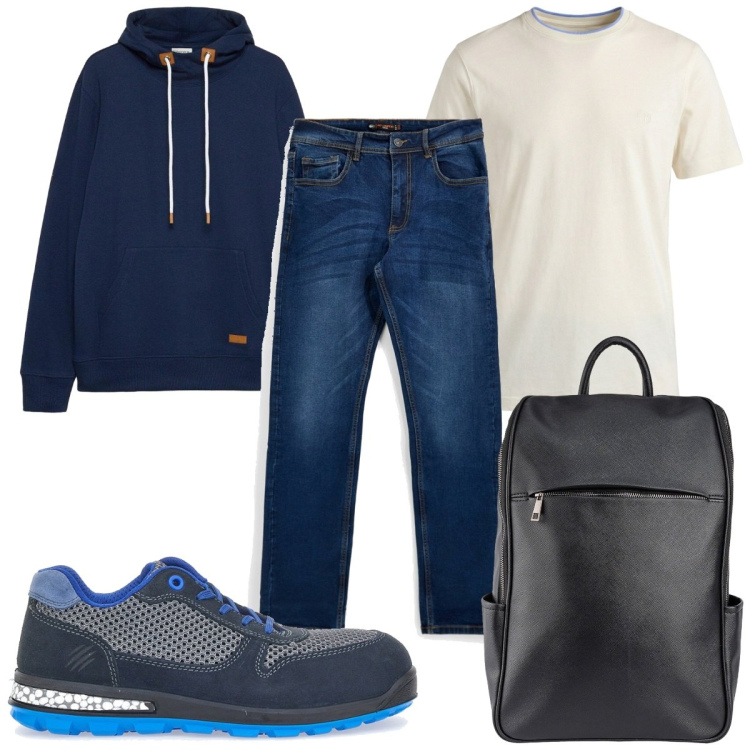 Outfit uomo - Total look #2468227. Stile Casual per Tutti i giorni. Abbinamento con felpe con cappuccio, t-shirt, borse sportive, jeans, scarpe stringate.