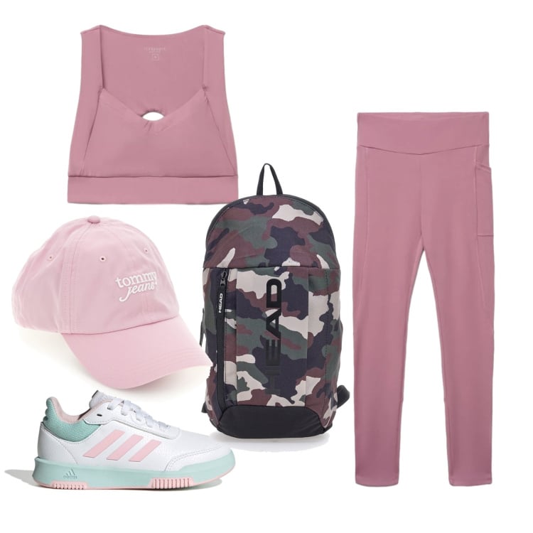 Outfit donna - Settembre. Stile Sporty chic per Sport. Abbinamento con vestiti da spiaggia, top sportivi, leggings sportivo, sneakers, zaini, cappelli con visiera.
