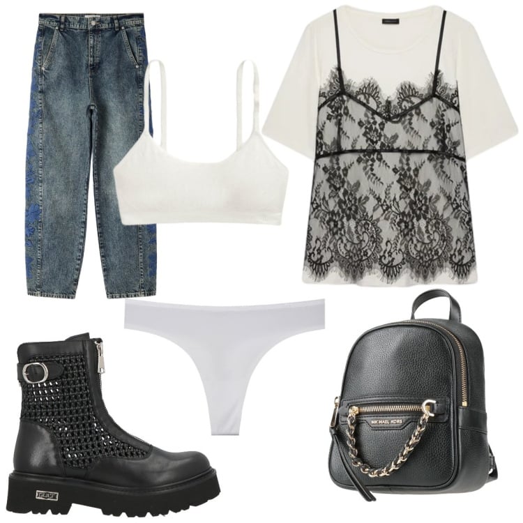 Outfit donna - Aperitivo di Settembre. Stile Trendy per Serata fuori. Abbinamento con zaini, stivaletti, jeans, perizomi, t-shirt, reggiseni.