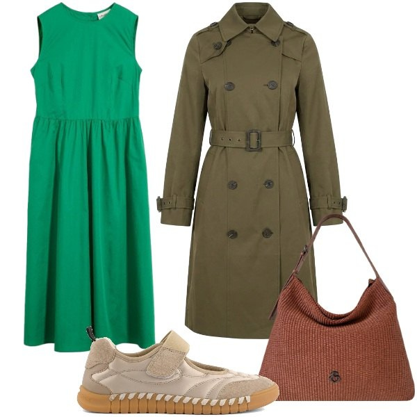 Outfit donna - Eleganza per il rientro - Focus Donna Cu. Stile Basic per Tutti i giorni. Abbinamento con vestiti midi/longuette, borse a spalla, trench, ballerine.