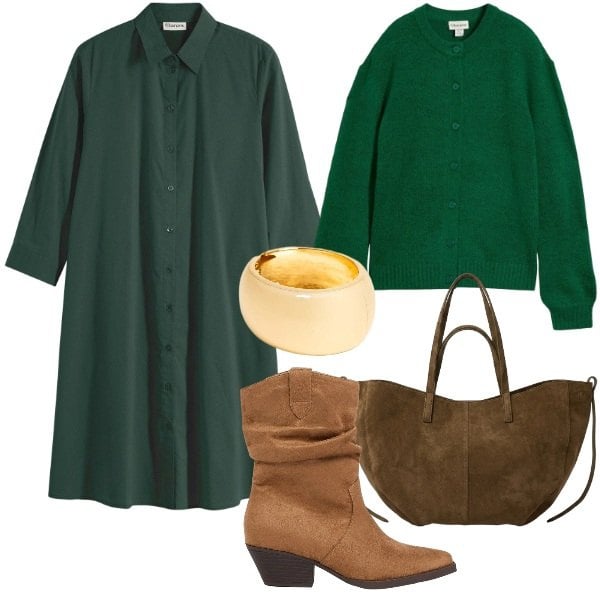 Outfit donna - Il vestito chemisier autunnale -. Stile Basic per Tutti i giorni. Abbinamento con stivaletti texani, cardigans, vestiti chemisier, braccialetti, borse tote.