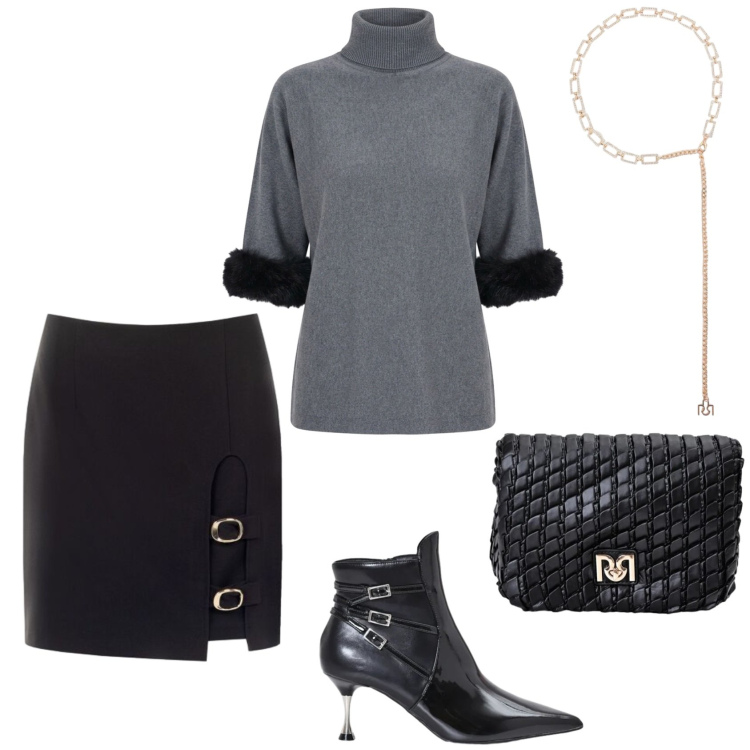 Outfit donna - Rinascimento - Dietro la trama FW26. Stile Sexy per Serata fuori. Abbinamento con minigonne, stivaletti, borse a tracolla, cinture, maglieria.