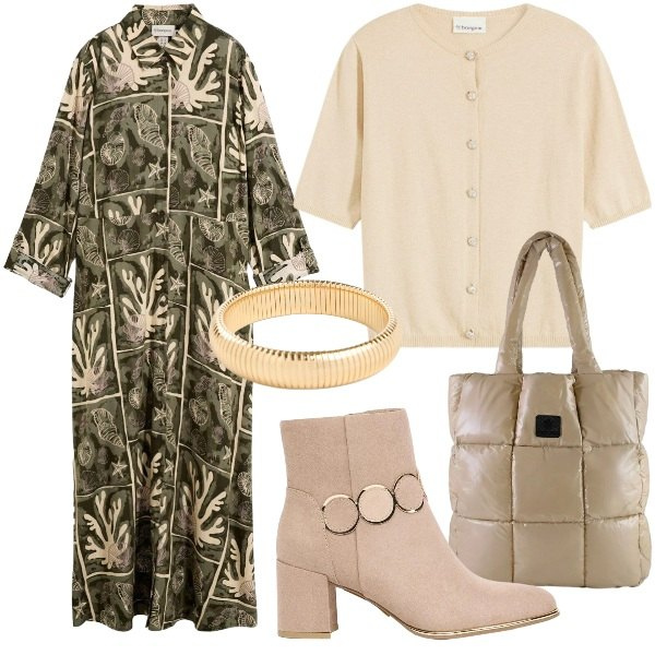 Outfit donna - Il vestito chemisier autunnale. Stile Basic per Tutti i giorni. Abbinamento con vestiti chemisier, cardigans, braccialetti, stivaletti, shopping bag.