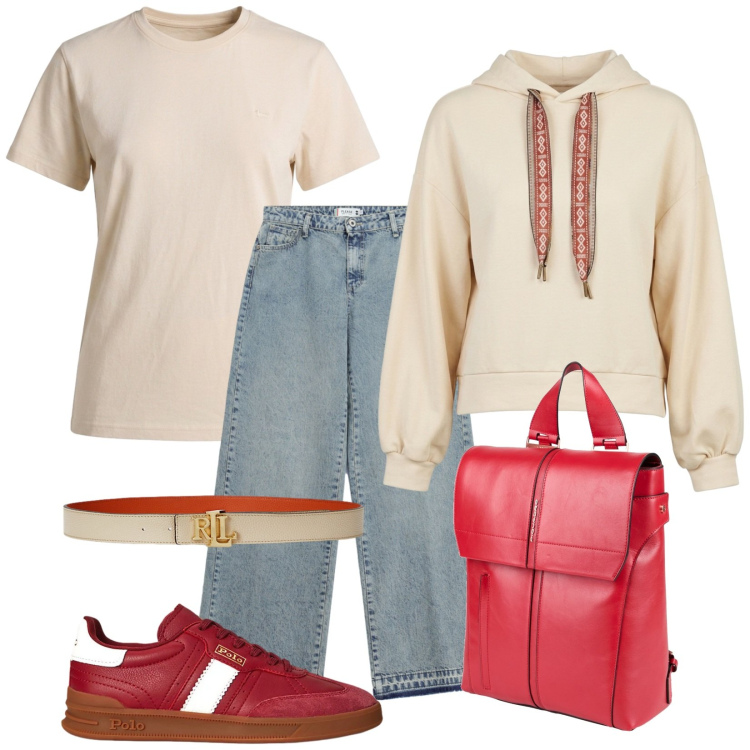 Outfit donna - I corsi all\'uni. Stile Urban per Scuola/Università. Abbinamento con zaini, t-shirt, felpe con cappuccio, jeans dritti, cinture, sneakers.
