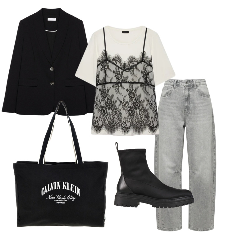 Outfit donna - Pizzo e anfibi. Stile Basic per Tutti i giorni. Abbinamento con stivaletti, blazer, t-shirt, jeans mom, borse a spalla.