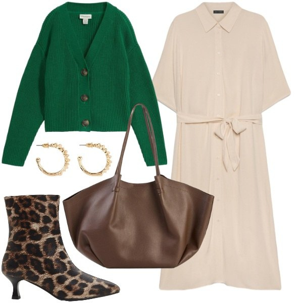 Outfit donna - Il vestito chemisier autunnale -. Stile Basic per Tutti i giorni. Abbinamento con stivaletti, shopping bag, orecchini, cardigans, vestiti chemisier.