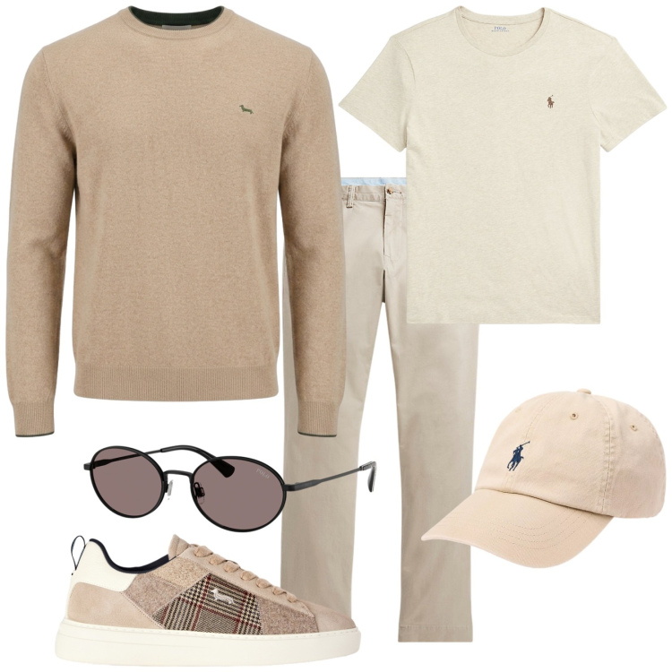 Outfit uomo - Neutri. Stile Trendy per Tutti i giorni. Abbinamento con sneakers, maglieria, pantaloni, t-shirt, occhiali da sole, cappelli con visiera.