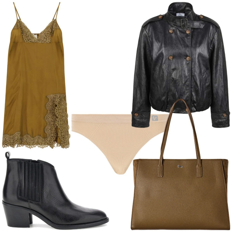 Outfit donna - Aperitivo di Settembre. Stile Sexy per Serata fuori. Abbinamento con shopping bag, vestiti corti, giacche, perizomi, stivaletti texani.