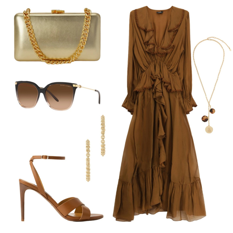 Outfit donna - Cerimonia da diva. Stile Glamour per Cerimonia. Abbinamento con vestiti midi/longuette, collane, occhiali da sole, sandali col tacco, clutch, orecchini.