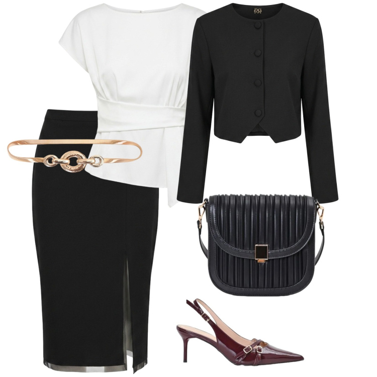 Outfit donna - Invito a cena. per Serata fuori. Abbinamento con gonne longuette, bluse, borse a tracolla, cinture, décolleté, blazer.