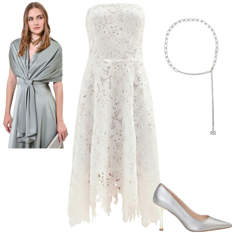 Outfit donna - Rinascimento - Dietro la trama FW26. Stile Romantica per Cerimonia. Abbinamento con stole, vestiti asimmetrici, décolleté, cinture.