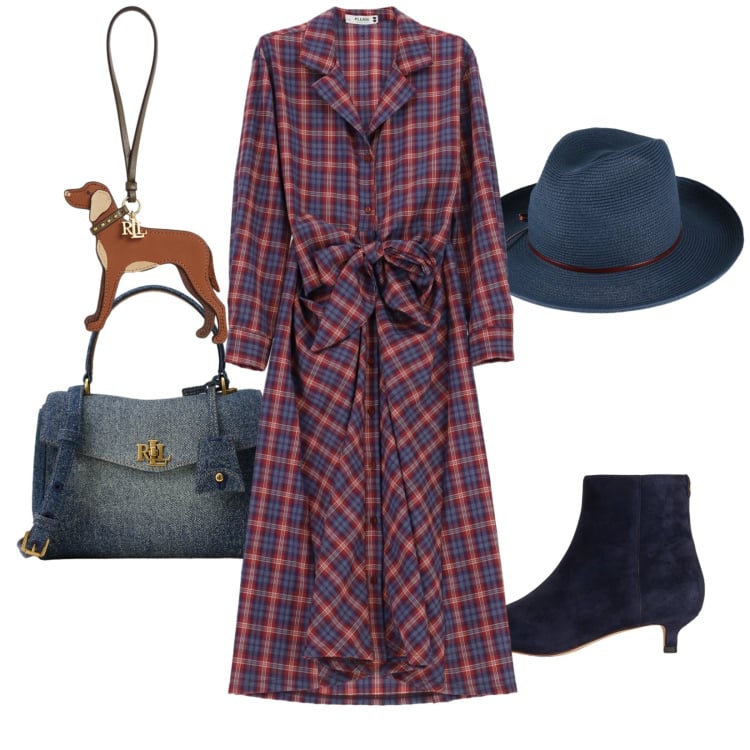 Outfit donna - Abito chemisier. Stile Trendy per Tutti i giorni. Abbinamento con cappelli, vestiti chemisier, ciondoli, borse a mano, stivaletti.