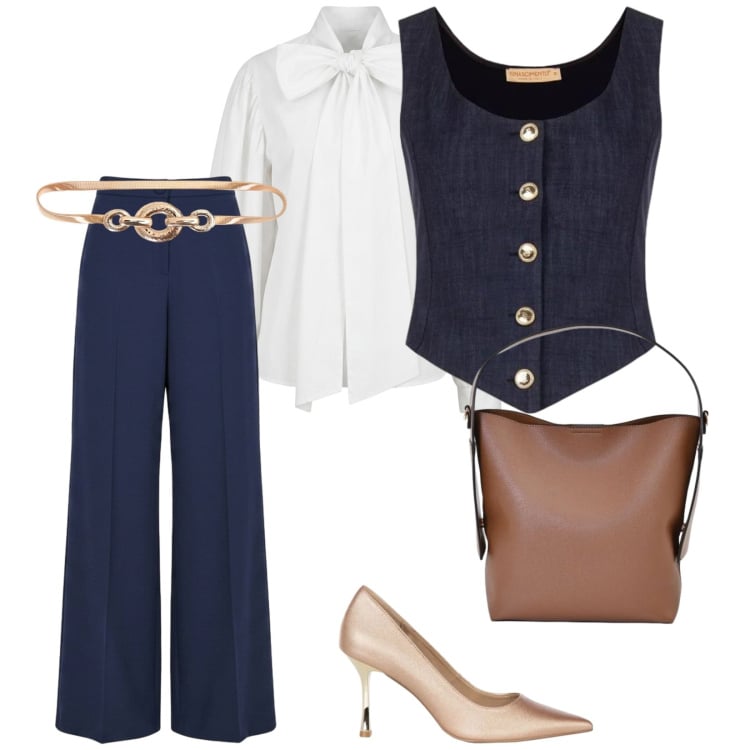 Outfit donna - Incontri casuali. per Scuola/Università. Abbinamento con gilet, pantaloni a palazzo, borse a mano, cinture, décolleté, camicie.