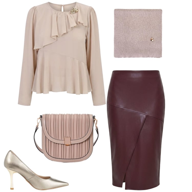 Outfit donna - Total look #2468282. Stile Chic per Serata fuori. Abbinamento con gonne longuette, borse a tracolla, sciarpe, décolleté, bluse.