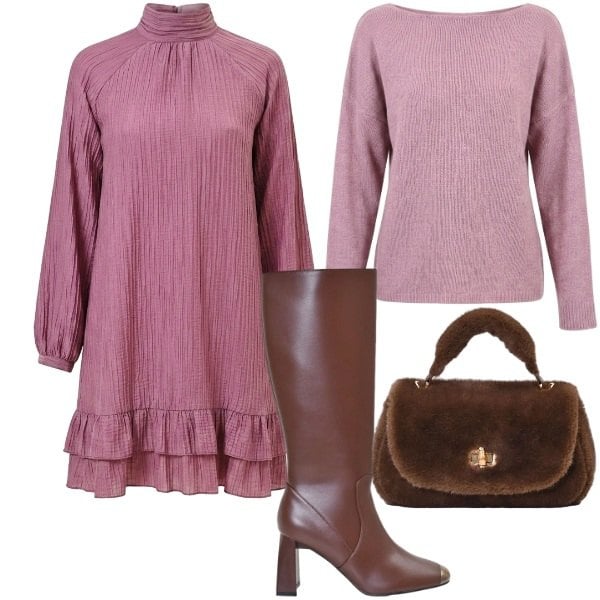 Outfit donna - Rinascimento - Dietro la trama FW26. Stile Chic per Serata fuori. Abbinamento con borse a mano, stivali sopra il ginocchio, vestiti corti, maglieria.