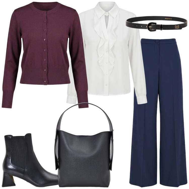 Outfit donna - Total look #2468287. Stile Casual chic per Ufficio. Abbinamento con stivaletti, pantaloni a palazzo, borse a spalla, cinture, cardigans, camicie.