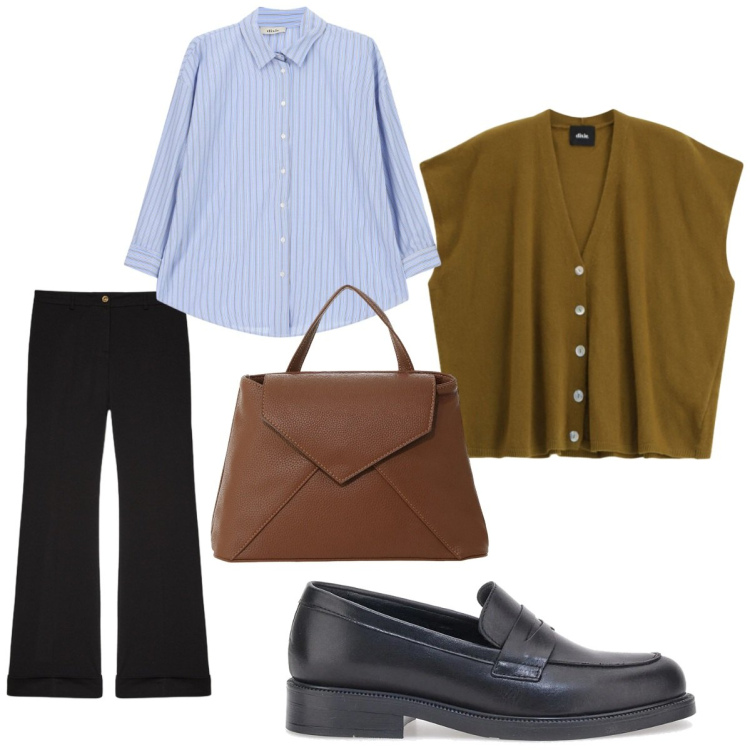 Outfit donna - Chic Urban Layering. Stile Chic per Ufficio. Abbinamento con borse a mano, maglieria, camicie, pantaloni, mocassini.