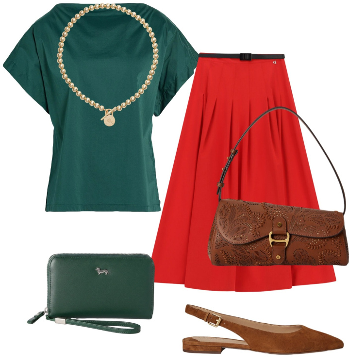 Outfit donna - Aperitivo in centro. Stile Trendy per Tutti i giorni. Abbinamento con top, portafogli, gonne lunghe, collane, ballerine, borse a spalla.