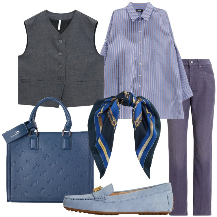 Outfit donna - Chic Urban Layering. Stile Urban per Ufficio. Abbinamento con borse a mano, gilet, camicie, mocassini, pantaloni, foulard.