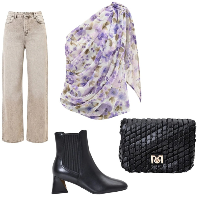 Outfit donna - Rinascimento FW26. Stile Romantica per Serata fuori. Abbinamento con top, borse a tracolla, stivaletti, jeans dritti.