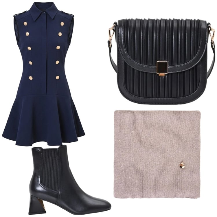 Outfit donna - Rinascimento FW26. Stile Military per Serata fuori. Abbinamento con borse a tracolla, stivaletti, sciarpe, vestiti corti.