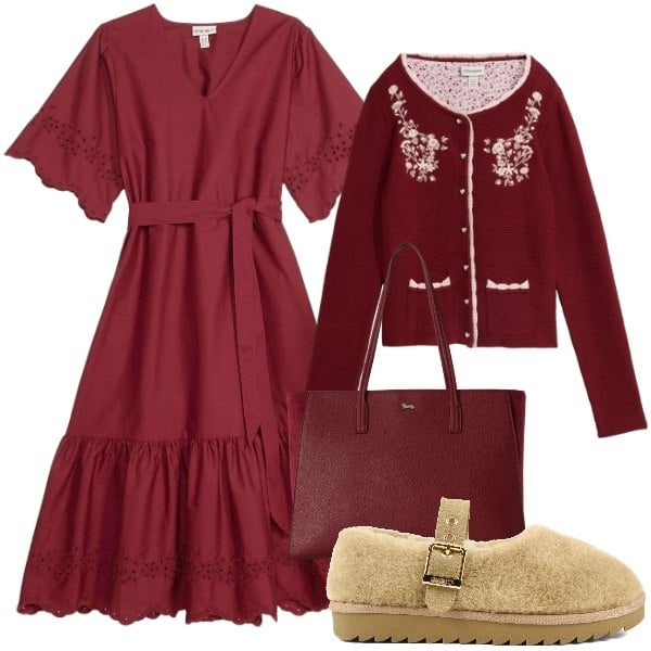 Outfit donna - Eleganza per il rientro - Focus Donna Cu. Stile Basic per Tutti i giorni. Abbinamento con vestiti midi/longuette, cardigans, shopping bag, ballerine.