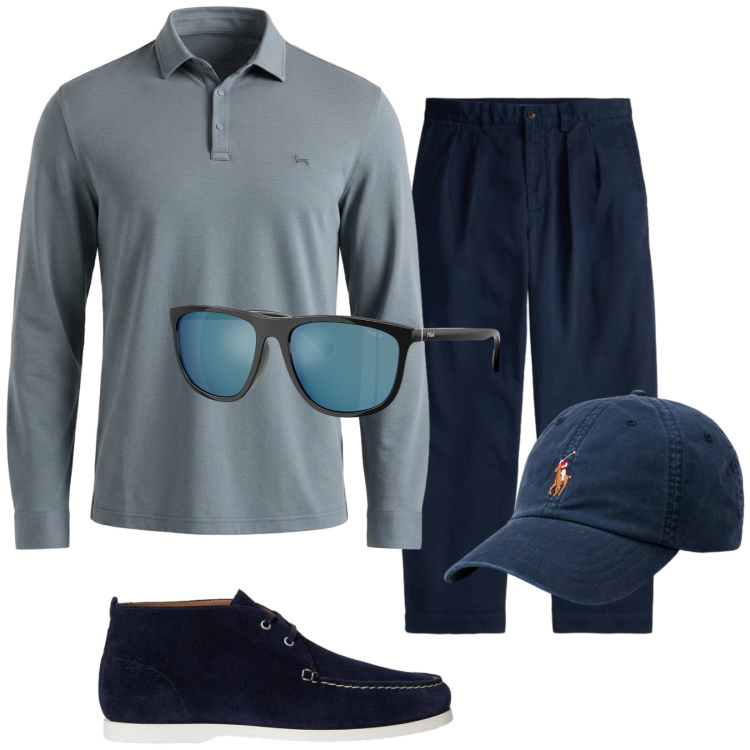 Outfit uomo - La polo a manica lunga. Stile Trendy per Tutti i giorni. Abbinamento con polo, cappelli, occhiali da sole, scarpe stringate, pantaloni chino.