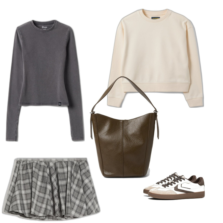 Outfit mujer - Preppy #520. Estilo Preppy para Todos los días. Combinación con bandoleras, sudaderas con capucha, faldas, sneakers, camiseta.