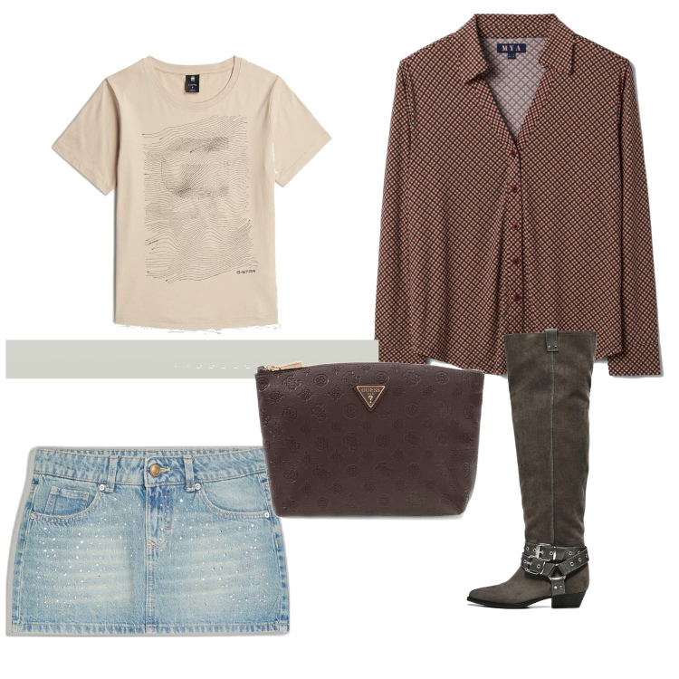 Outfit mujer - Chic #8354. Estilo Chic para Todos los días. Combinación con camiseta, faldas, pochette, botas, camisas.