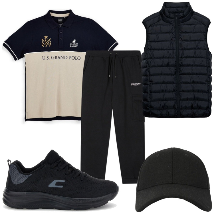 Outfit uomo - Total look #2468328. Stile Casual per Sport. Abbinamento con piumini, cappelli con visiera, pantaloni cargo, polo, sneakers.