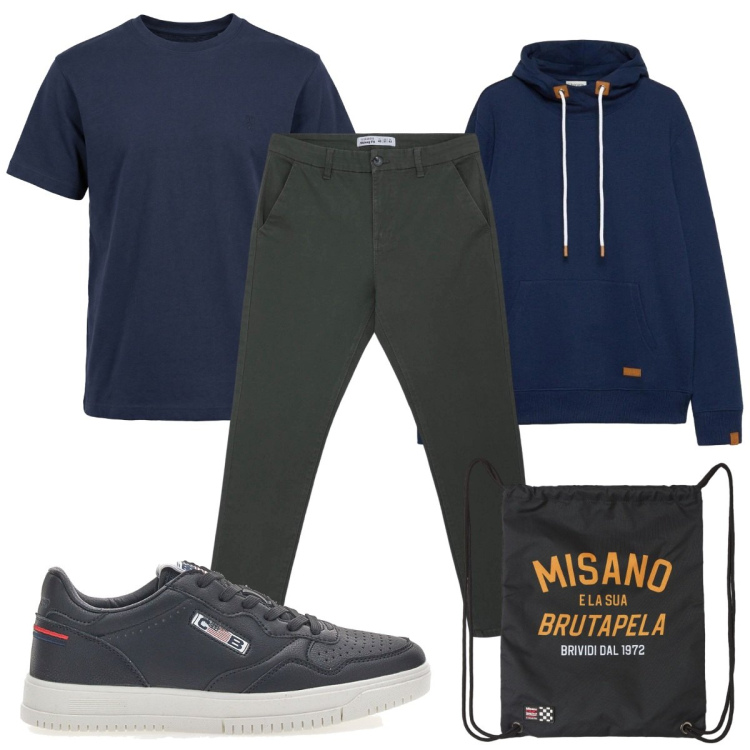 Outfit uomo - Total look #2468330. Stile Casual per Tutti i giorni. Abbinamento con felpe con cappuccio, t-shirt, borse sportive, pantaloni chino, sneakers.