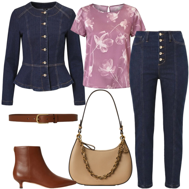 Outfit donna - Total look #2468336. Stile Casual chic per Tutti i giorni. Abbinamento con blazer, jeans, t-shirt, cinture, borse a spalla, stivaletti.