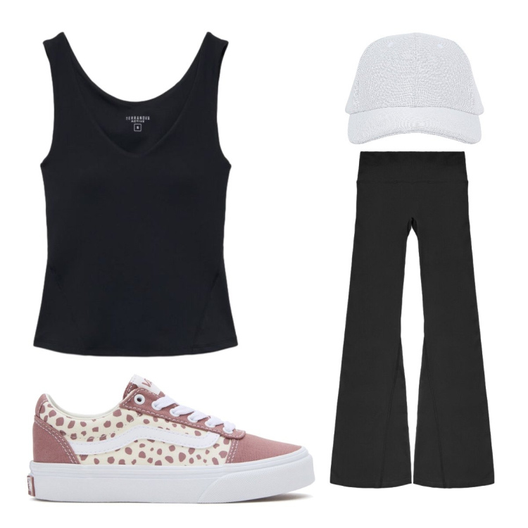 Outfit donna - Active Collection Black. Stile Minimal per Sport. Abbinamento con top sportivi, cappelli con visiera, leggings sportivo, sneakers.