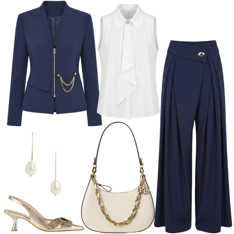 Outfit donna - Total look #2468345. Stile Chic per Cerimonia. Abbinamento con décolleté, top, pantaloni a palazzo, blazer, borse a spalla, orecchini.