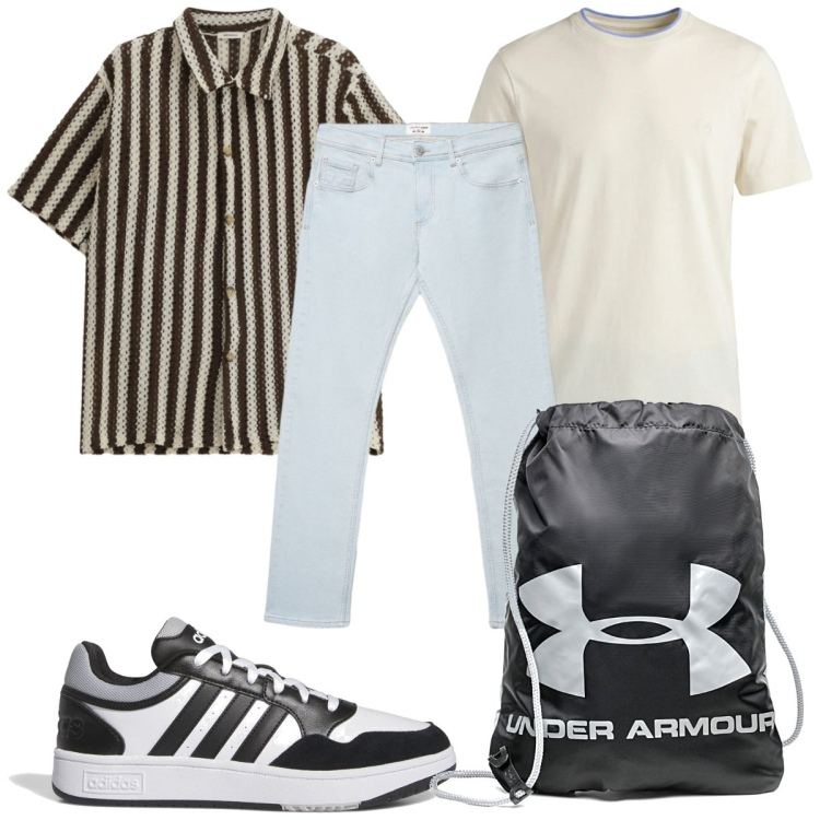Outfit uomo - Total look #2468350. Stile Trendy per Tutti i giorni. Abbinamento con t-shirt, camicie a manica corta, jeans, zaini, sneakers.